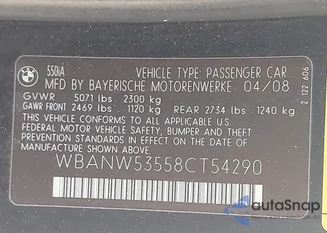 2008 BMW 550I из США, поврежденный, VIN WBANW53558CT54290